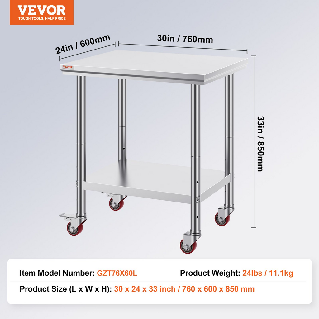 Mesa de trabajo de acero inoxidable VEVOR con ruedas de 24 x 30 pulgadas  (24 x 30 x 33,8 pulgadas)