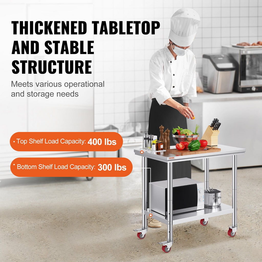 Mesa de trabajo de acero inoxidable VEVOR de 36 x 24 pulgadas con 4 ruedas