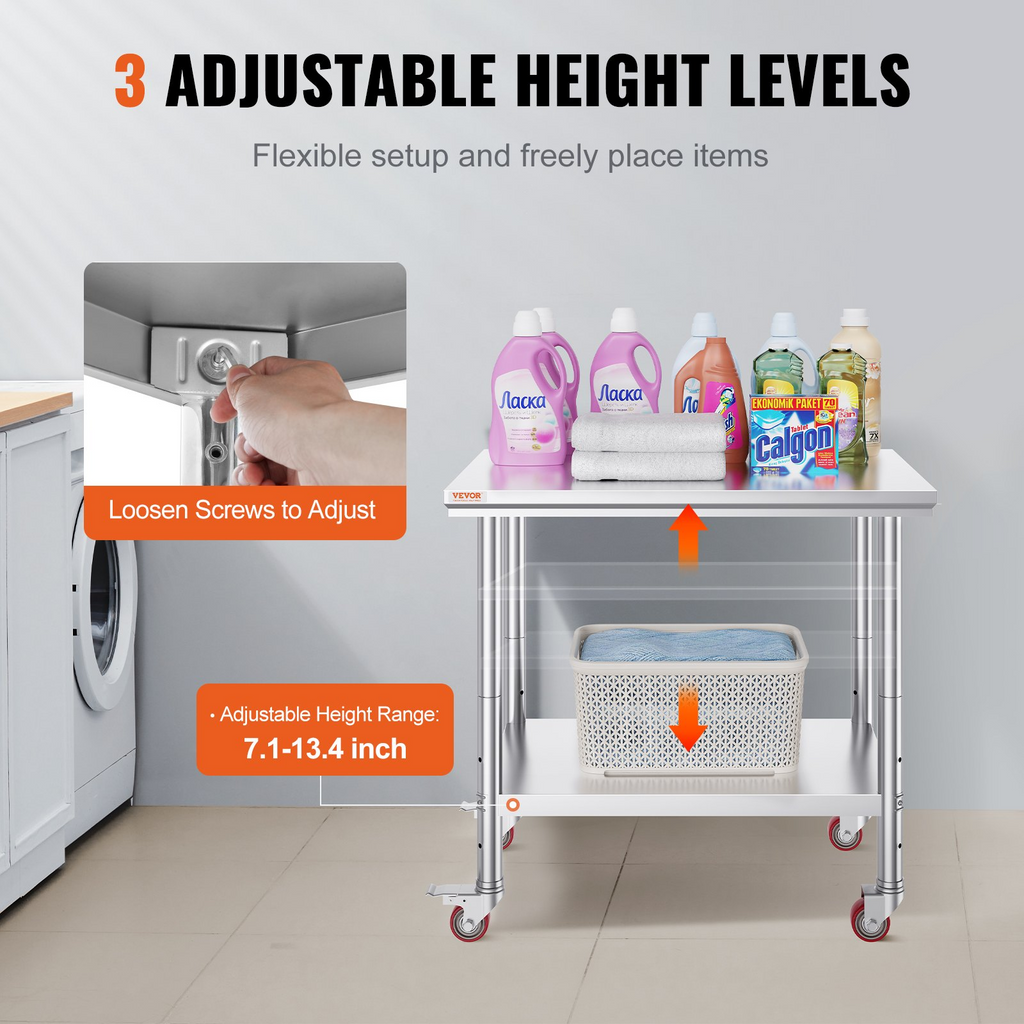 Mesa de trabajo de acero inoxidable VEVOR de 36 x 24 pulgadas con 4 ruedas