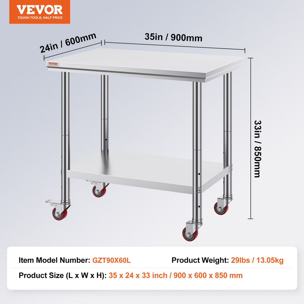 Mesa de trabajo de acero inoxidable VEVOR de 36 x 24 pulgadas con 4 ruedas