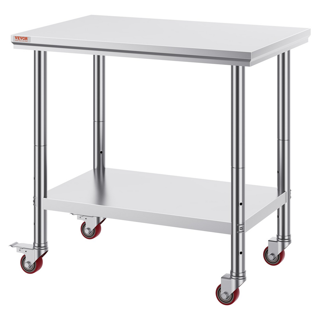 Mesa de trabajo de acero inoxidable VEVOR de 36 x 24 pulgadas con 4 ruedas