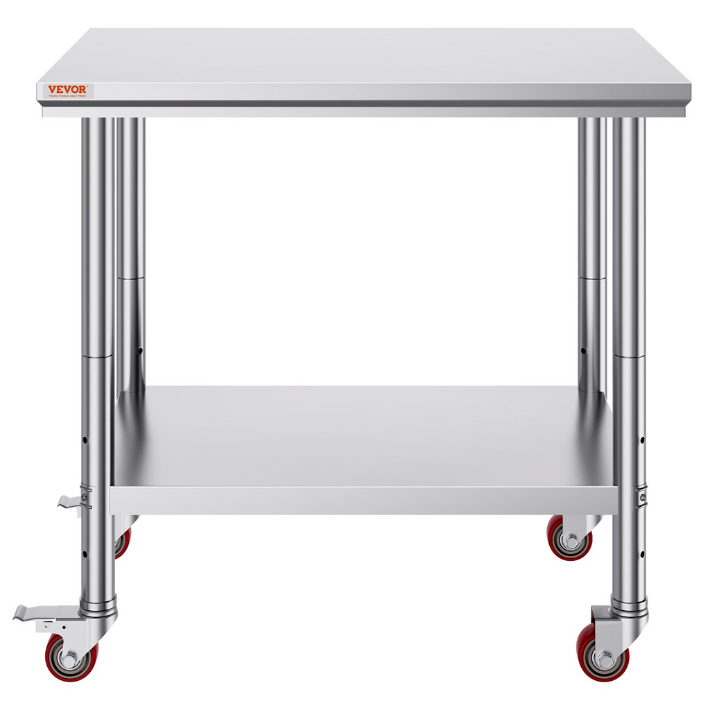 Mesa de trabajo de acero inoxidable VEVOR de 36 x 24 pulgadas con 4 ruedas