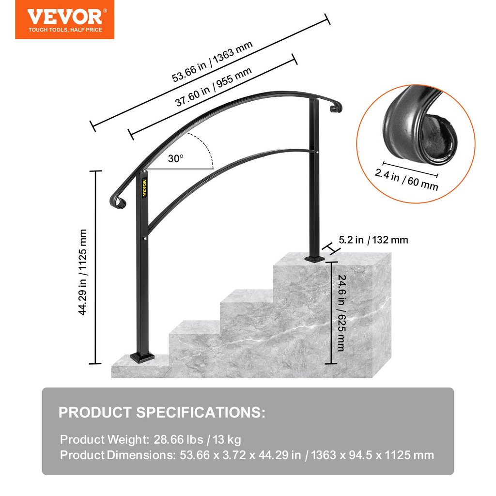 VEVOR 4-Step Handrail Fits 1 or 4 Steps Matte Black Stair Rail Wrought Iron Handrail with Installation Kit Hand Rails for Outdoor Steps