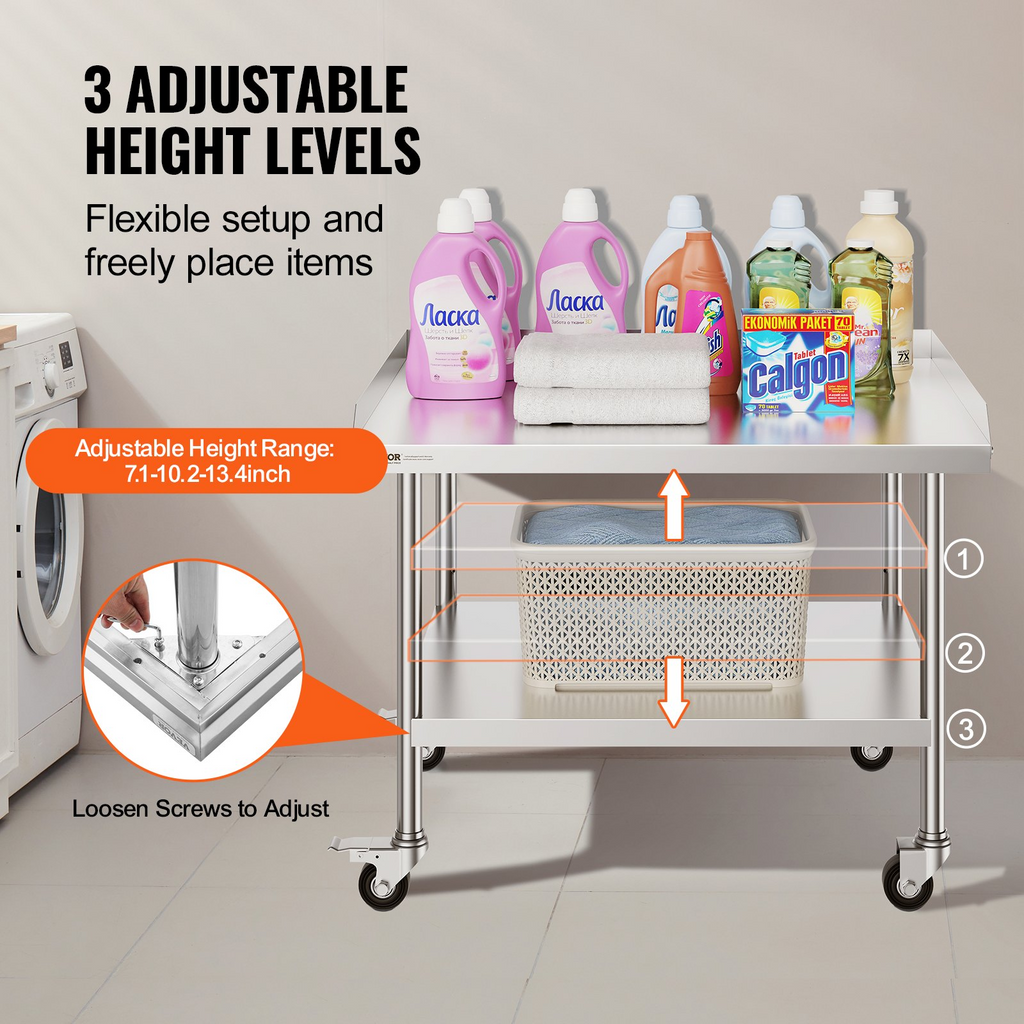 Mesa de trabajo de acero inoxidable VEVOR de 30 x 36 x 30 pulgadas con 4 ruedas