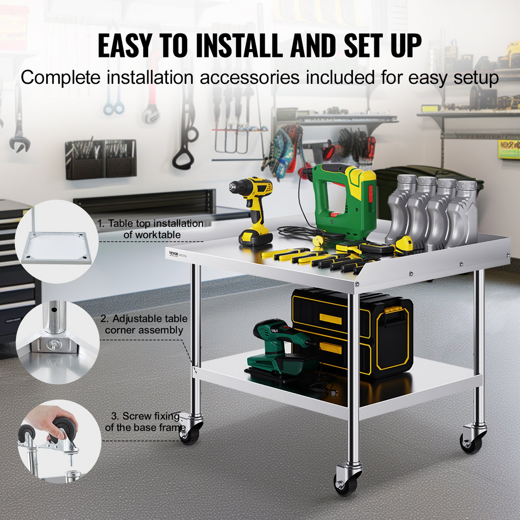 Mesa de trabajo de acero inoxidable VEVOR de 30 x 36 x 30 pulgadas con 4 ruedas