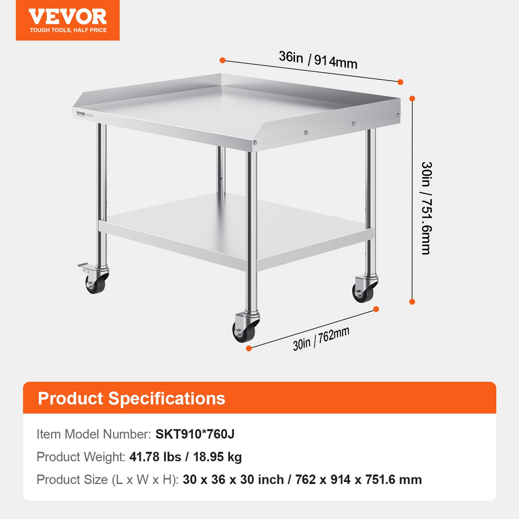Mesa de trabajo de acero inoxidable VEVOR de 30 x 36 x 30 pulgadas con 4 ruedas