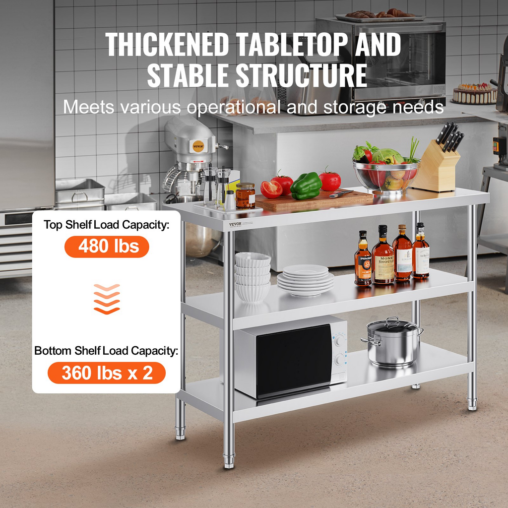 Mesa de preparación de alimentos de acero inoxidable VEVOR de 18 x 48 x 34 pulgadas con 2 estantes inferiores ajustables