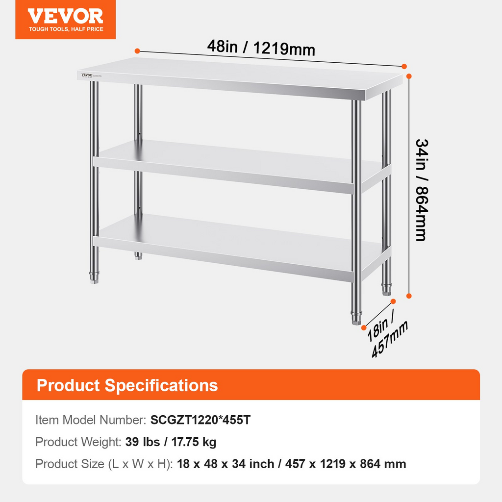 Mesa de preparación de alimentos de acero inoxidable VEVOR de 18 x 48 x 34 pulgadas con 2 estantes inferiores ajustables