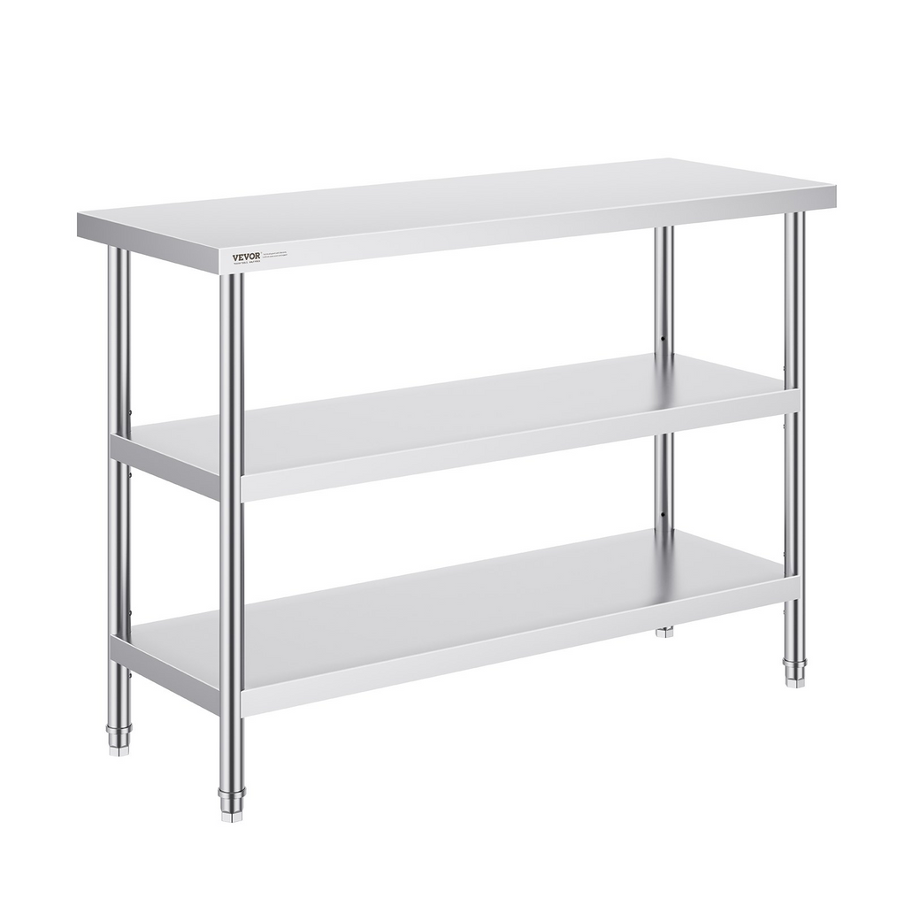 Mesa de preparación de alimentos de acero inoxidable VEVOR de 18 x 48 x 34 pulgadas con 2 estantes inferiores ajustables