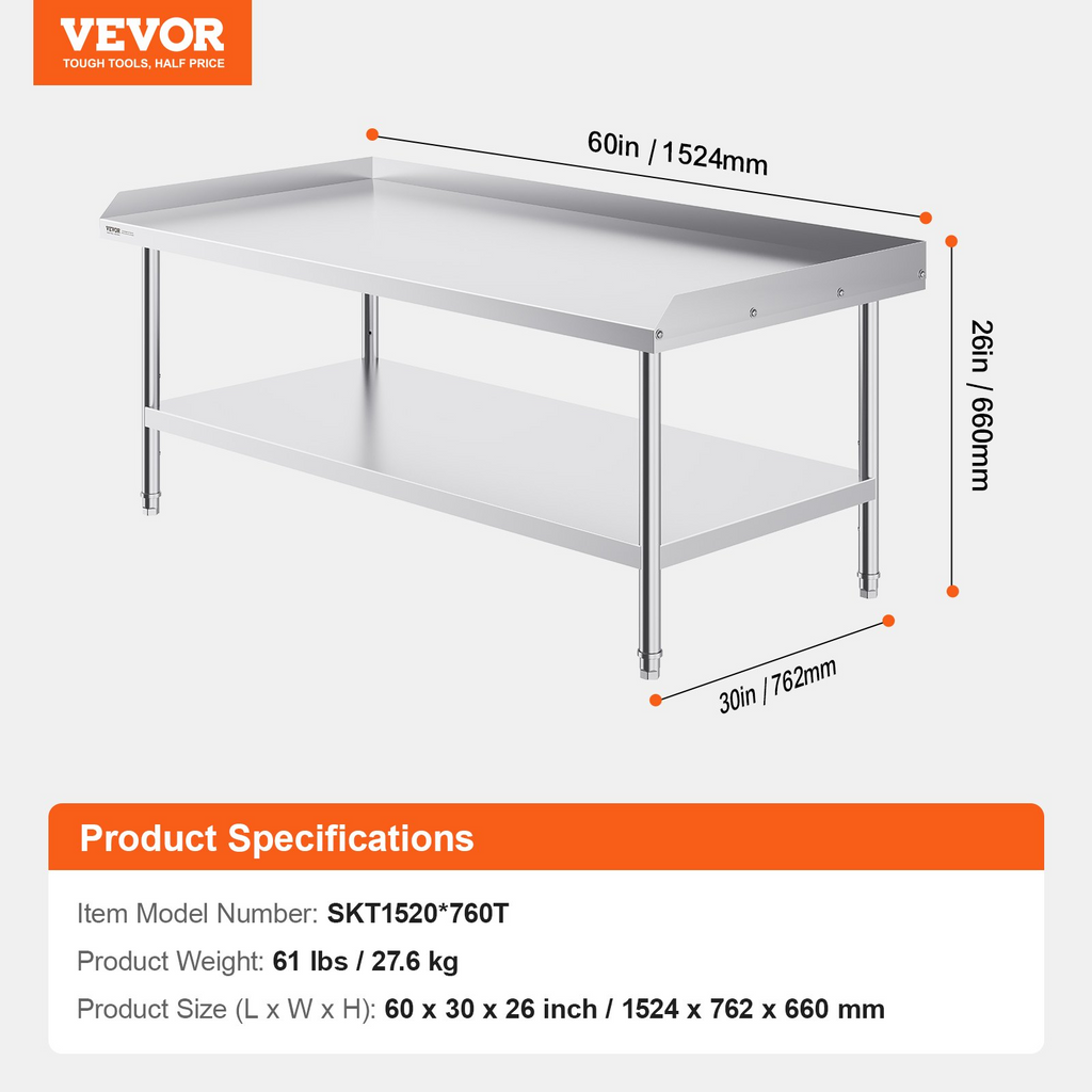Mesa de trabajo de acero inoxidable VEVOR de 30 x 60 x 26 pulgadas