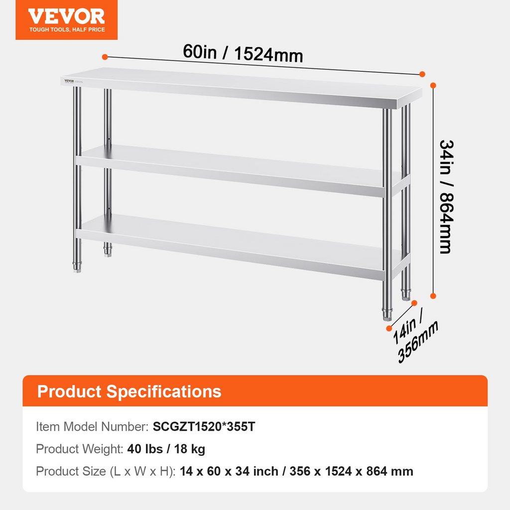 Mesa de preparación de alimentos de acero inoxidable VEVOR de 14 x 60 x 34 pulgadas