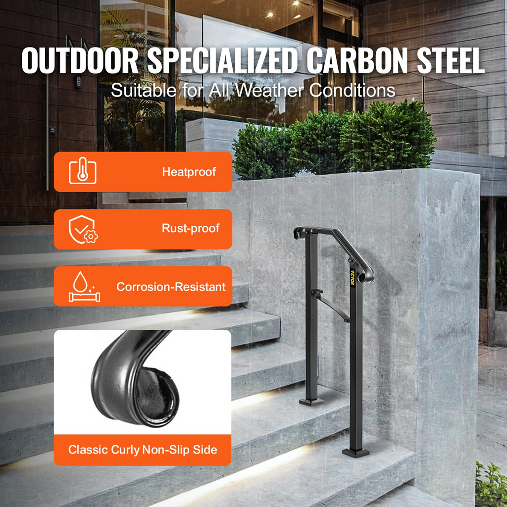 VEVOR Handrails for Outdoor Steps, Fit 1 or 2 Steps Outdoor Stair Railing, Arch#1 Wrought Iron Handrail, Flexible Porch Railing, Black Transitional Handrails for Concrete Steps or Wooden Stairs