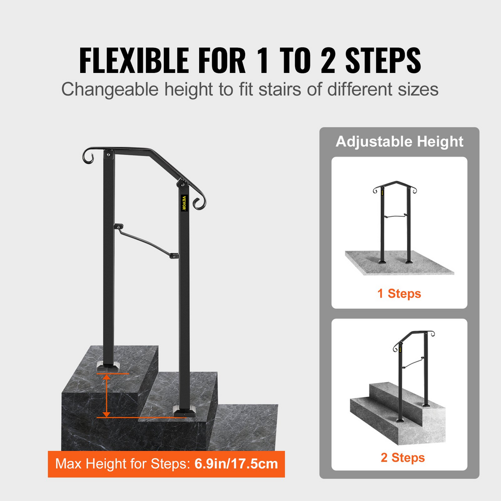 VEVOR Handrails for Outdoor Steps, Fit 1 or 2 Steps Outdoor Stair Railing, Arch#1 Wrought Iron Handrail, Flexible Porch Railing, Black Transitional Handrails for Concrete Steps or Wooden Stairs