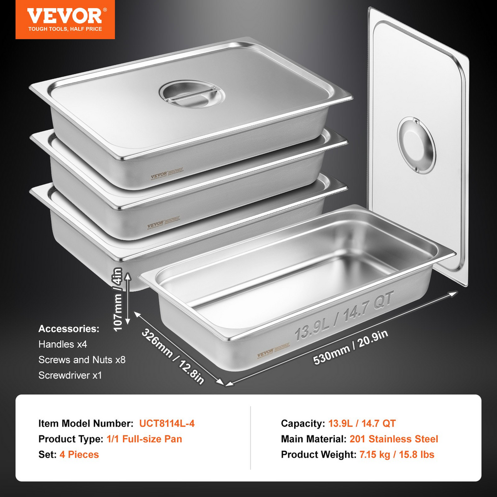 VEVOR - Juego de 4 sartenes para hotel de 0,8 mm de grosor