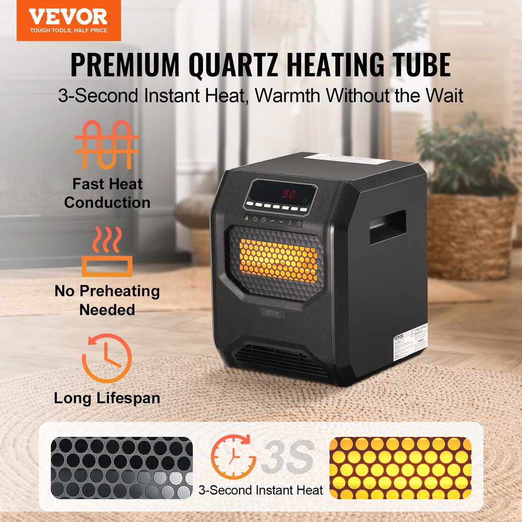 VEVOR Calentador infrarrojo eléctrico de espacio con control remoto de 1500 W con 3 velocidades y temporizador y protección contra sobrecalentamiento