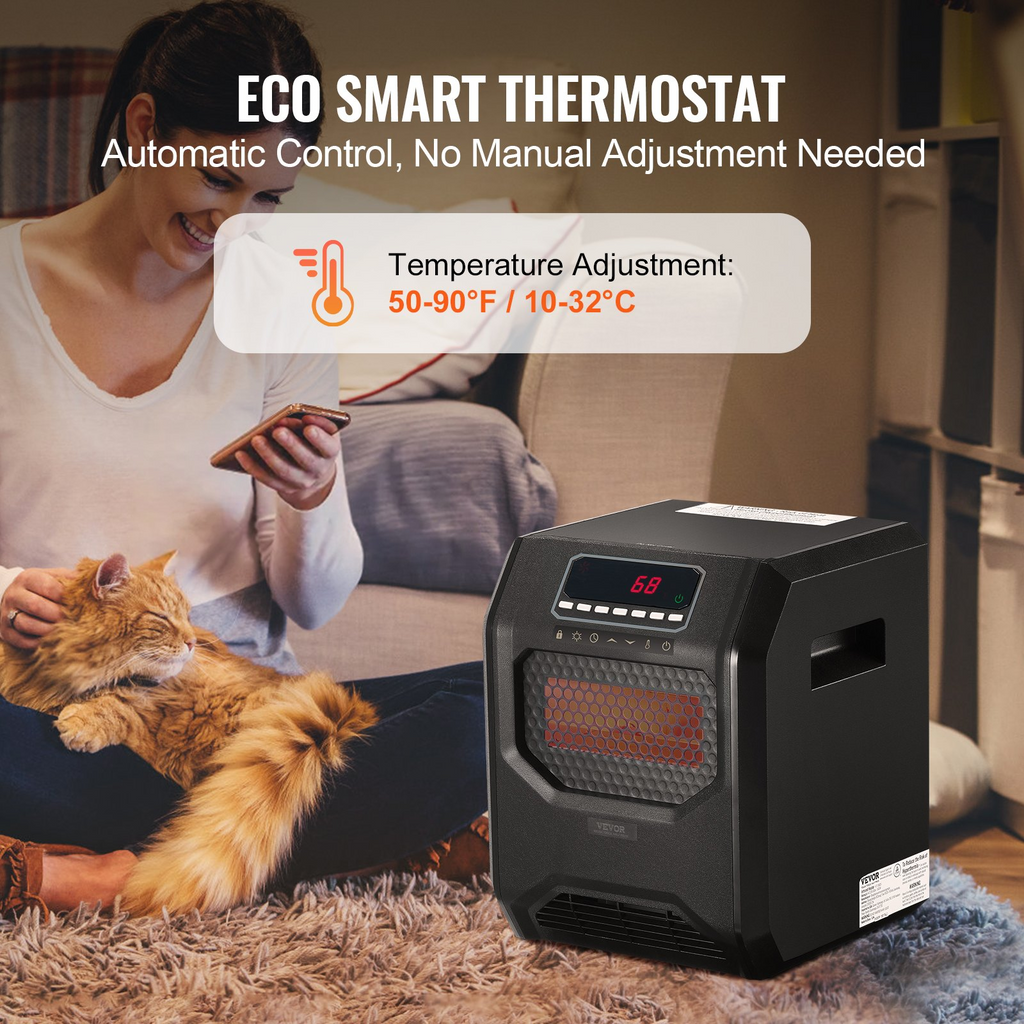 VEVOR Calentador infrarrojo eléctrico de espacio con control remoto de 1500 W con 3 velocidades y temporizador y protección contra sobrecalentamiento