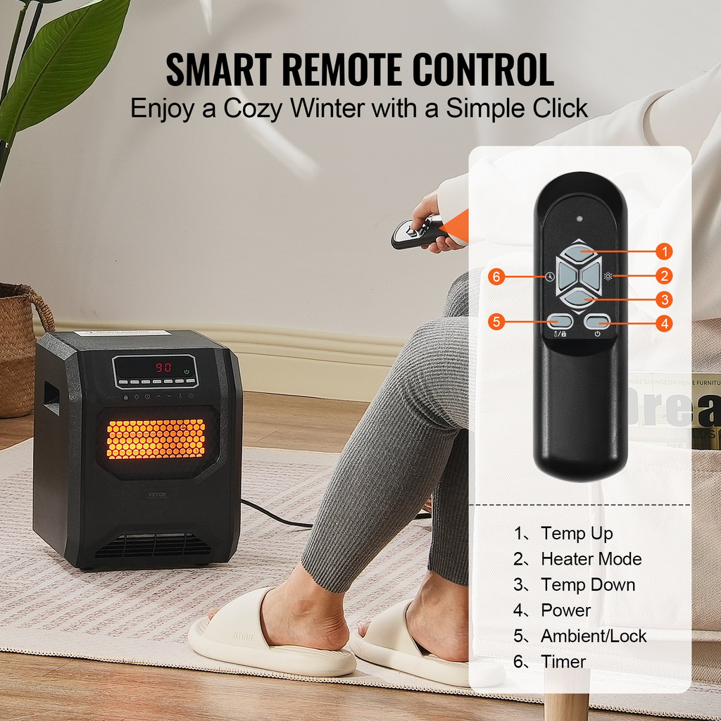 VEVOR Calentador infrarrojo eléctrico de espacio con control remoto de 1500 W con 3 velocidades y temporizador y protección contra sobrecalentamiento