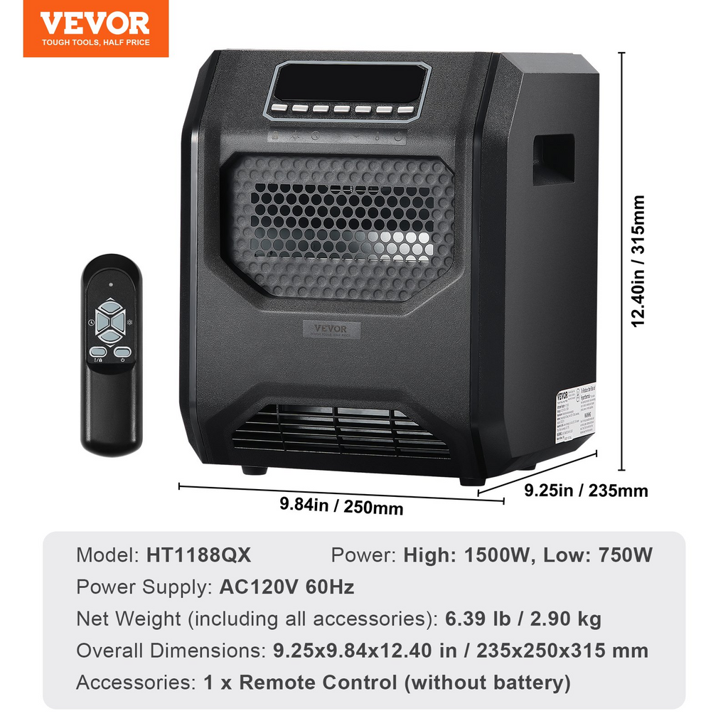 VEVOR Calentador infrarrojo eléctrico de espacio con control remoto de 1500 W con 3 velocidades y temporizador y protección contra sobrecalentamiento