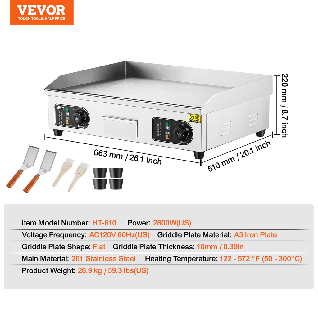 VEVOR - Plancha eléctrica comercial 2800 W 25,98 x 15,75 x 0,39 pulgadas