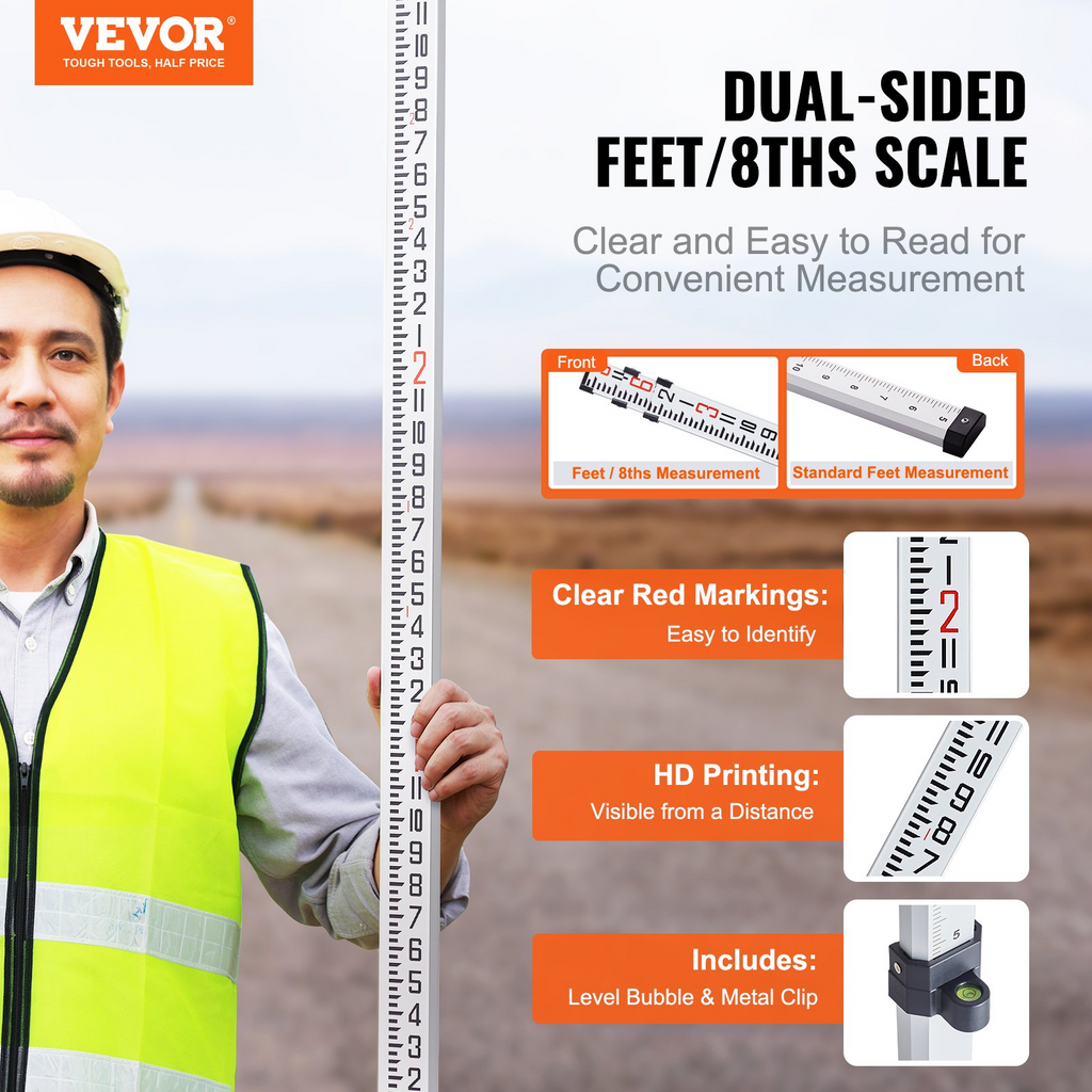 VEVOR - Varilla de medición de aluminio de 9 pies/8 3 secciones varilla de nivelación de 1/8 pulgadas