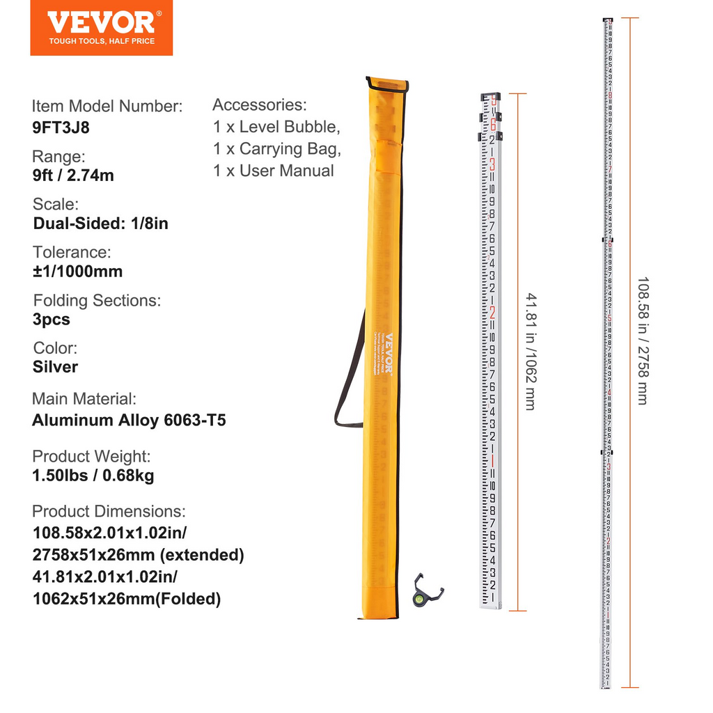 VEVOR - Varilla de medición de aluminio de 9 pies/8 3 secciones varilla de nivelación de 1/8 pulgadas