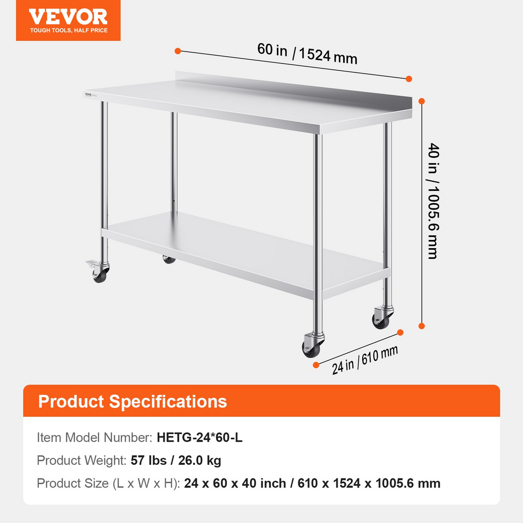Mesa de trabajo de acero inoxidable VEVOR de 24 x 60 x 40 pulgadas