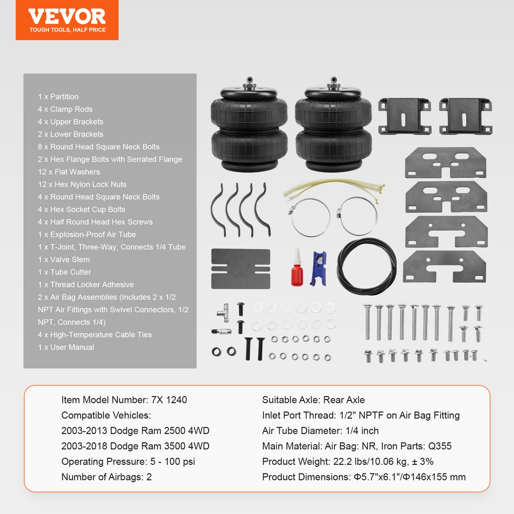 Kit de suspensión de aire VEVOR compatible con Dodge Ram 2500 4WD 2003-2013 y 3500 4WD 2003-2018 carga 5000 lb 5-100 PSI