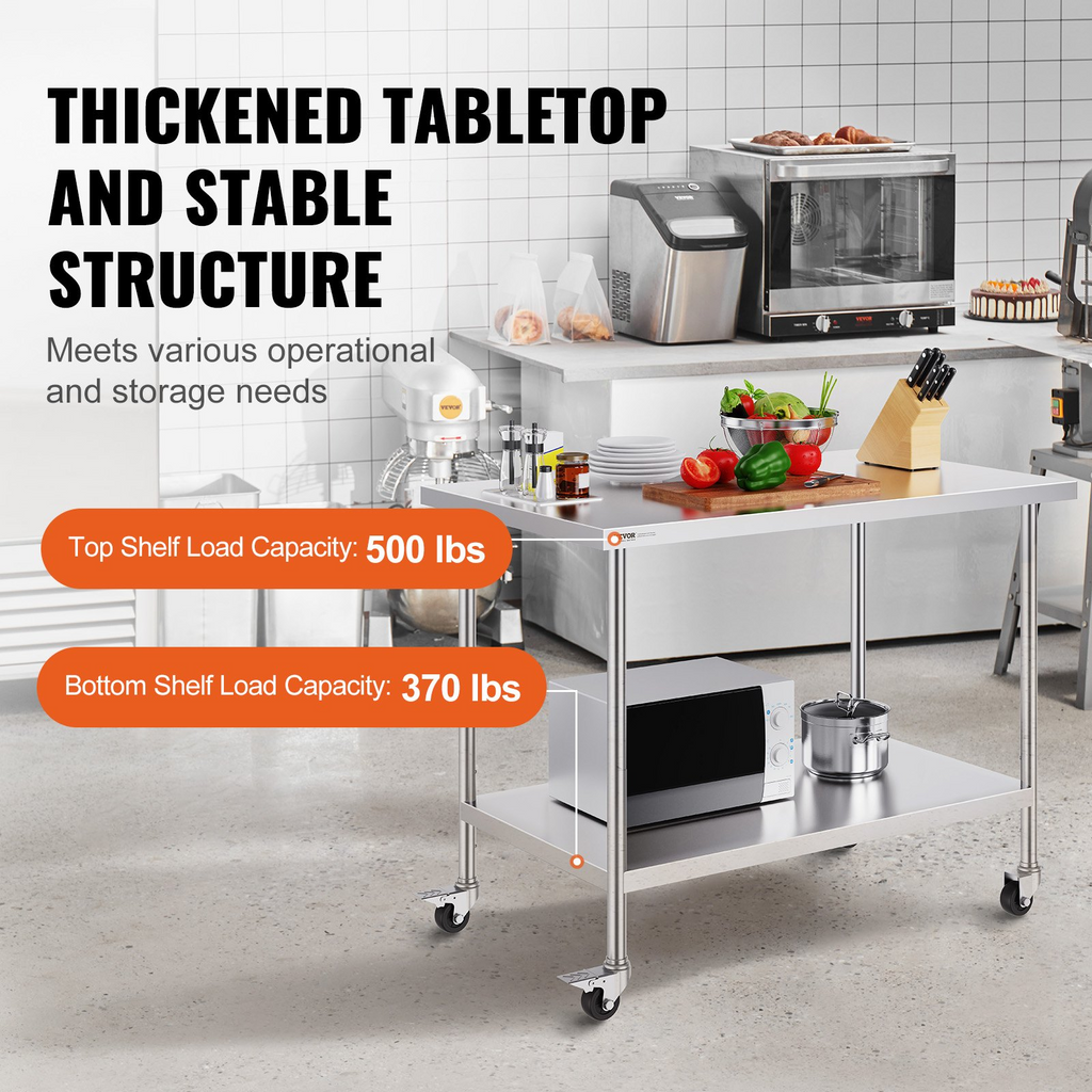 Mesa de trabajo de acero inoxidable VEVOR de 30 x 48 x 38 pulgadas con 4 ruedas 3 niveles de altura ajustables