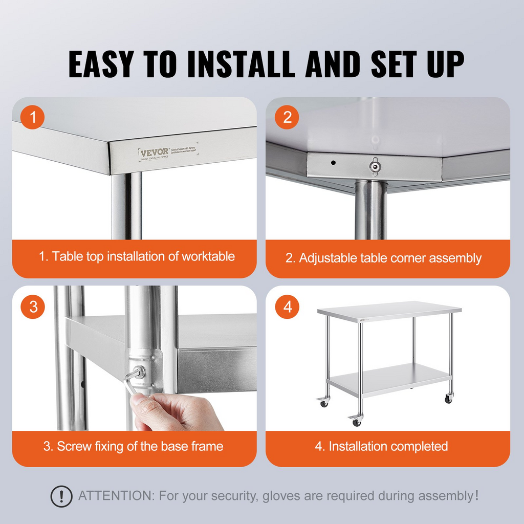 Mesa de trabajo de acero inoxidable VEVOR de 30 x 48 x 38 pulgadas con 4 ruedas 3 niveles de altura ajustables