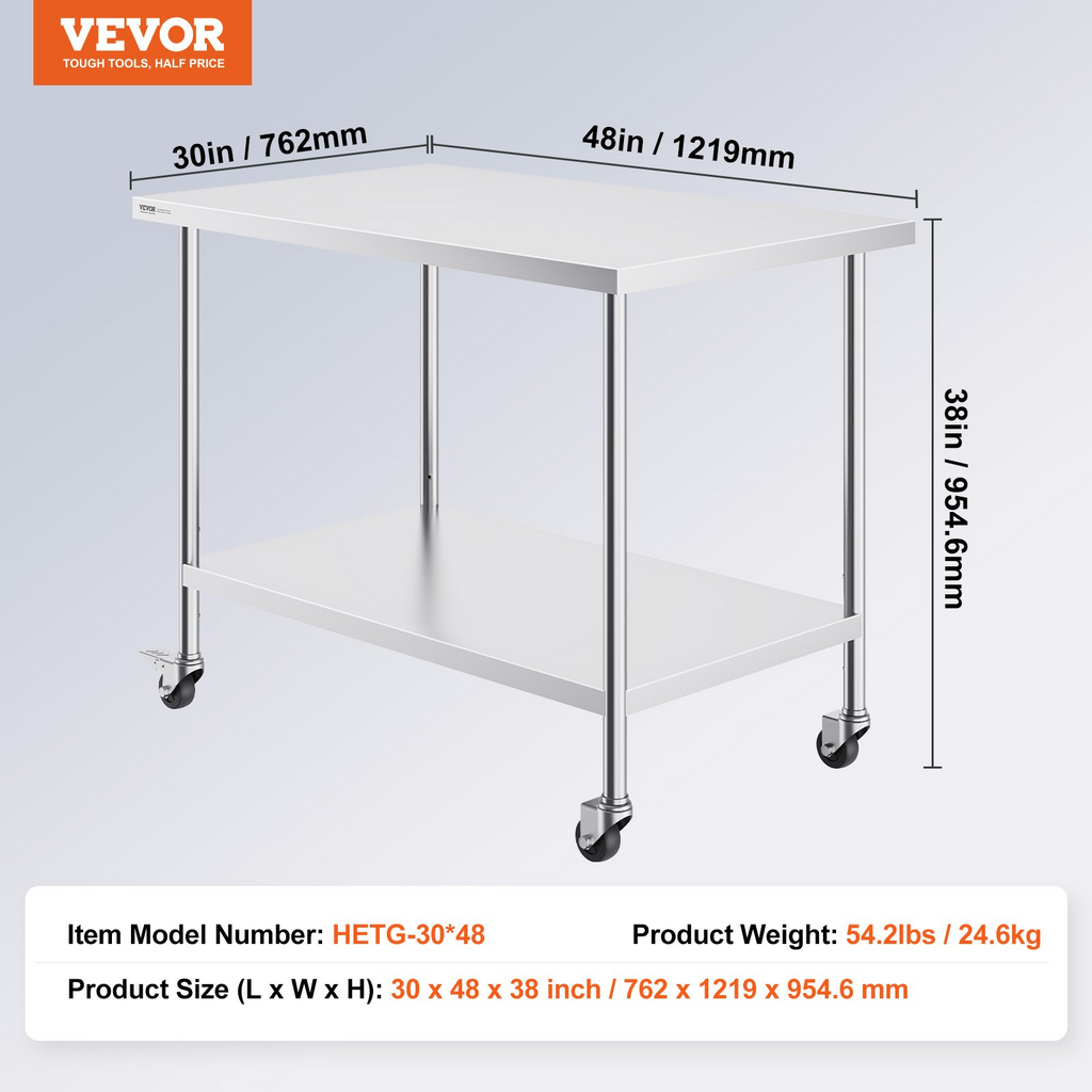 Mesa de trabajo de acero inoxidable VEVOR de 30 x 48 x 38 pulgadas con 4 ruedas 3 niveles de altura ajustables