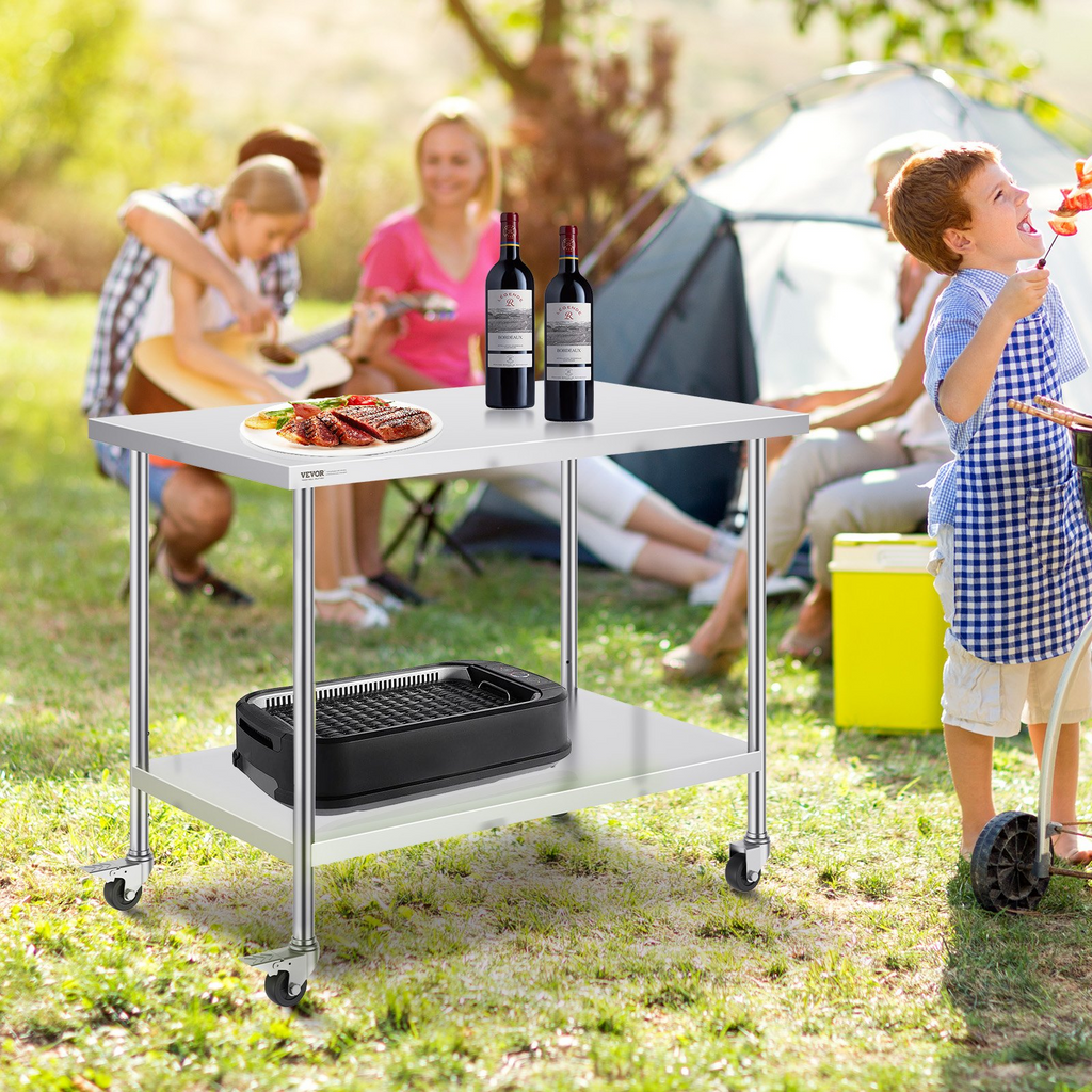 Mesa de trabajo de acero inoxidable VEVOR de 30 x 48 x 38 pulgadas con 4 ruedas 3 niveles de altura ajustables