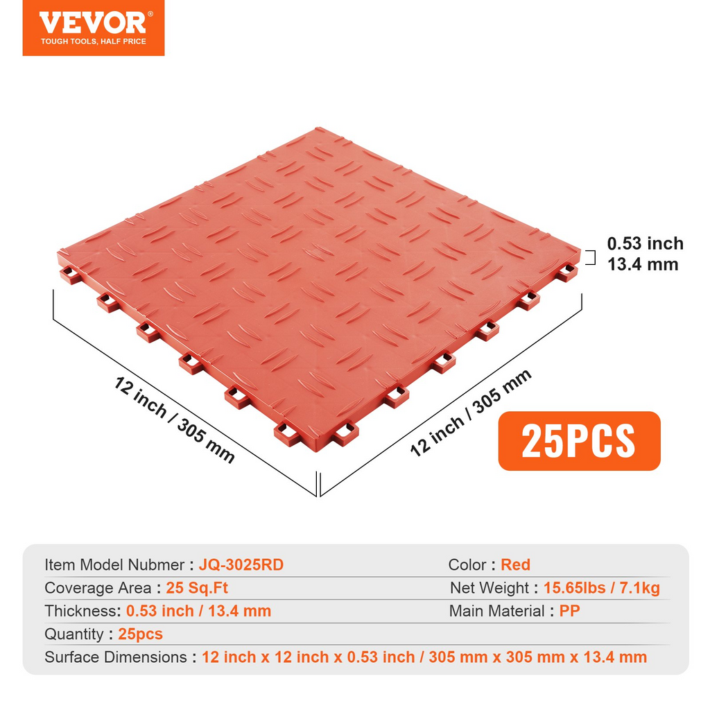 VEVOR Azulejos entrelazados para garaje 12 x 12 x 0,53 pulgadas paquete de 25 baldosas para revestimiento de suelo