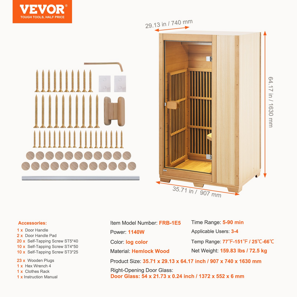 Sauna de madera de infrarrojos para una sola persona 1140 W