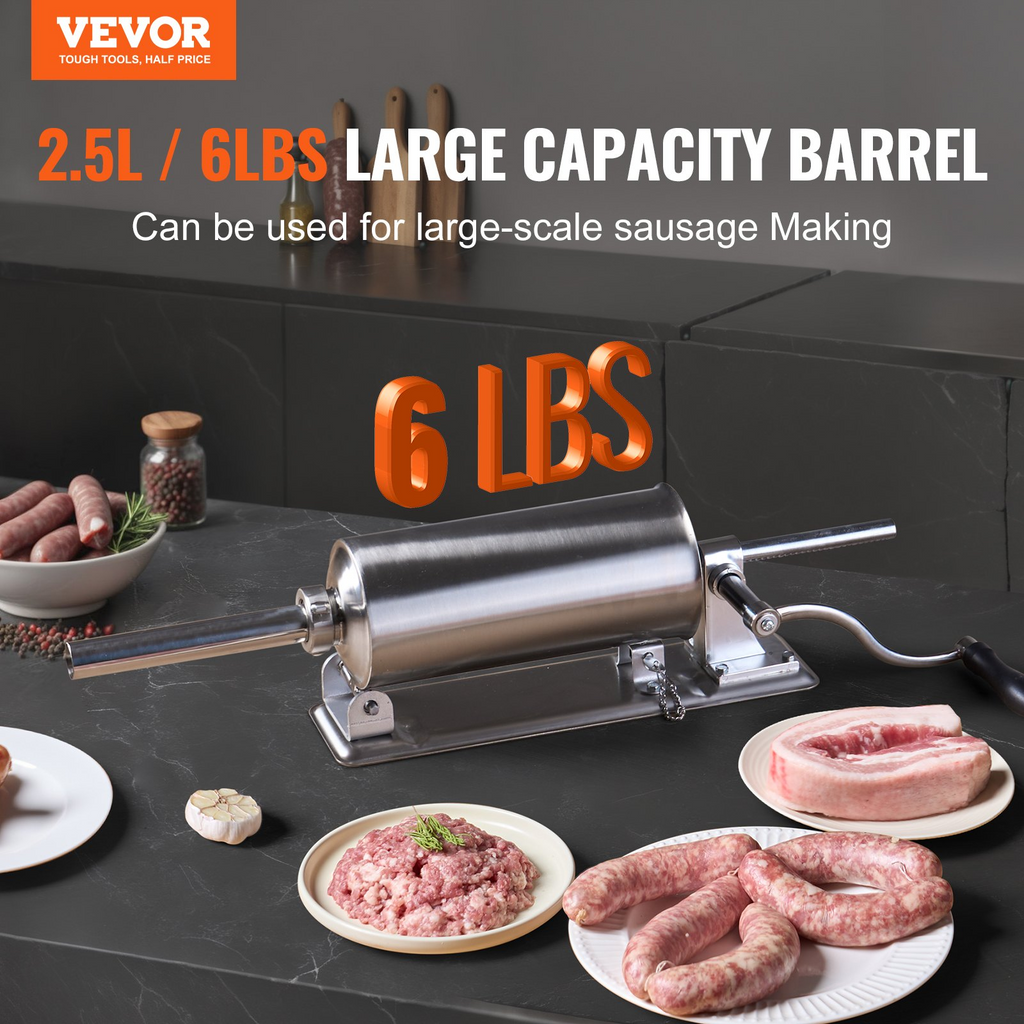 Embutidora manual de salchichas VEVOR 2,5 L/6 LBS con abrazadera tipo U incluye 8 tubos de embutido