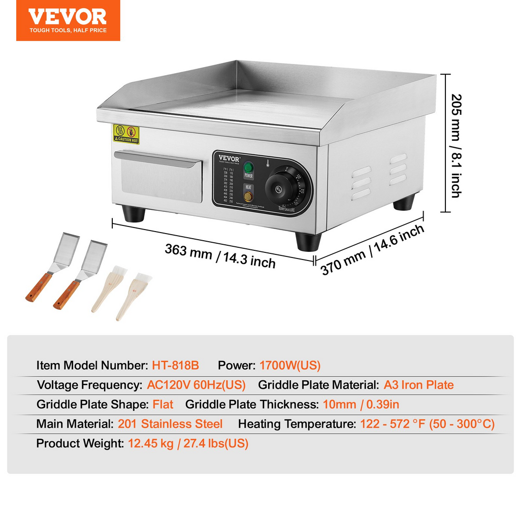 VEVOR - Plancha eléctrica comercial 1700 W 14,17 x 11,81 x 0,39 pulgadas