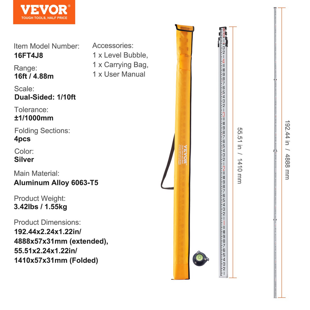 VEVOR Varilla de medición de aluminio de 16 pies/8 4 secciones telescópica de 1/8 pulgadas
