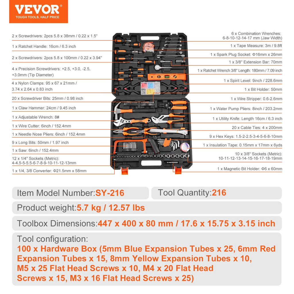 VEVOR Kit de herramientas de 216 piezas con estuche de almacenamiento