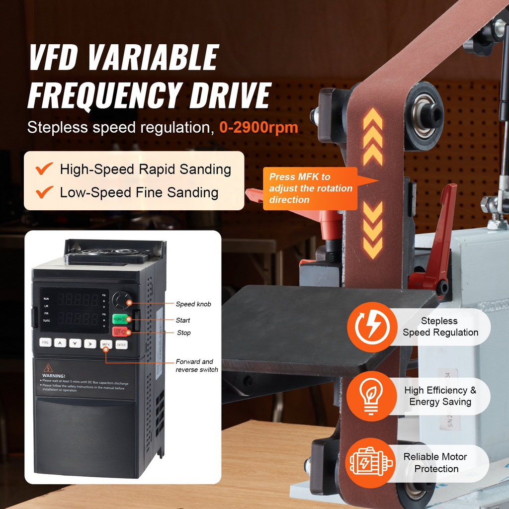 Lijadora de banda VEVOR 72 x 2 pulgadas con VFD 1500 W y 2 HP