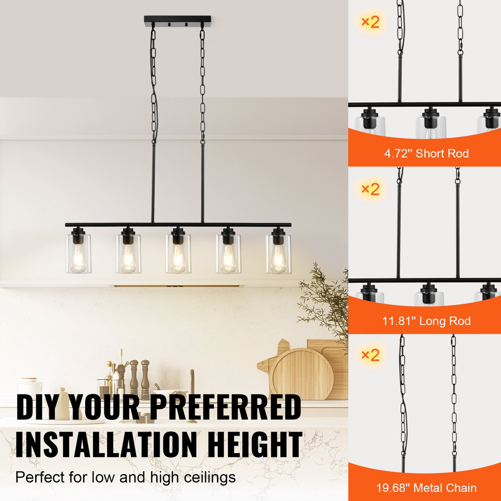 Lámpara colgante de 5 luces para cocina VEVOR 60 W ajustable para comedor E26