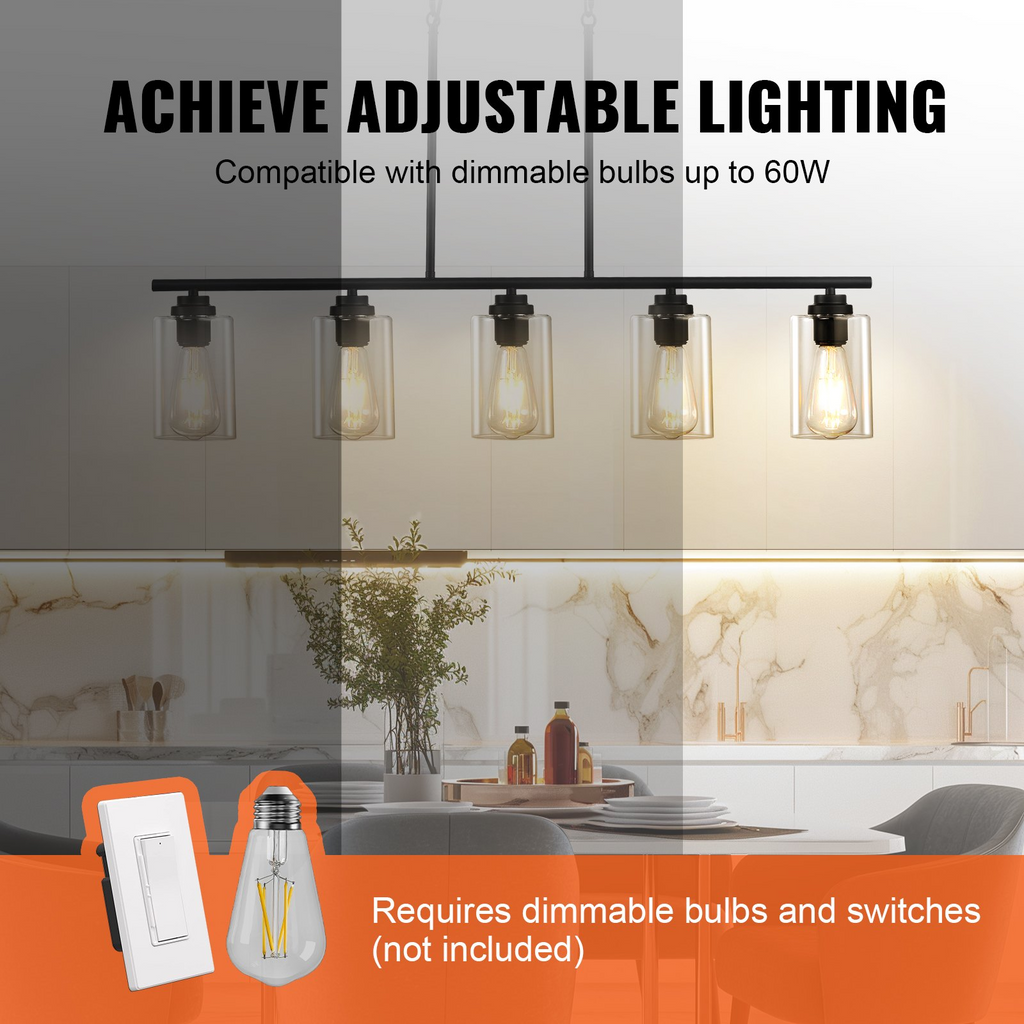 Lámpara colgante de 5 luces para cocina VEVOR 60 W ajustable para comedor E26