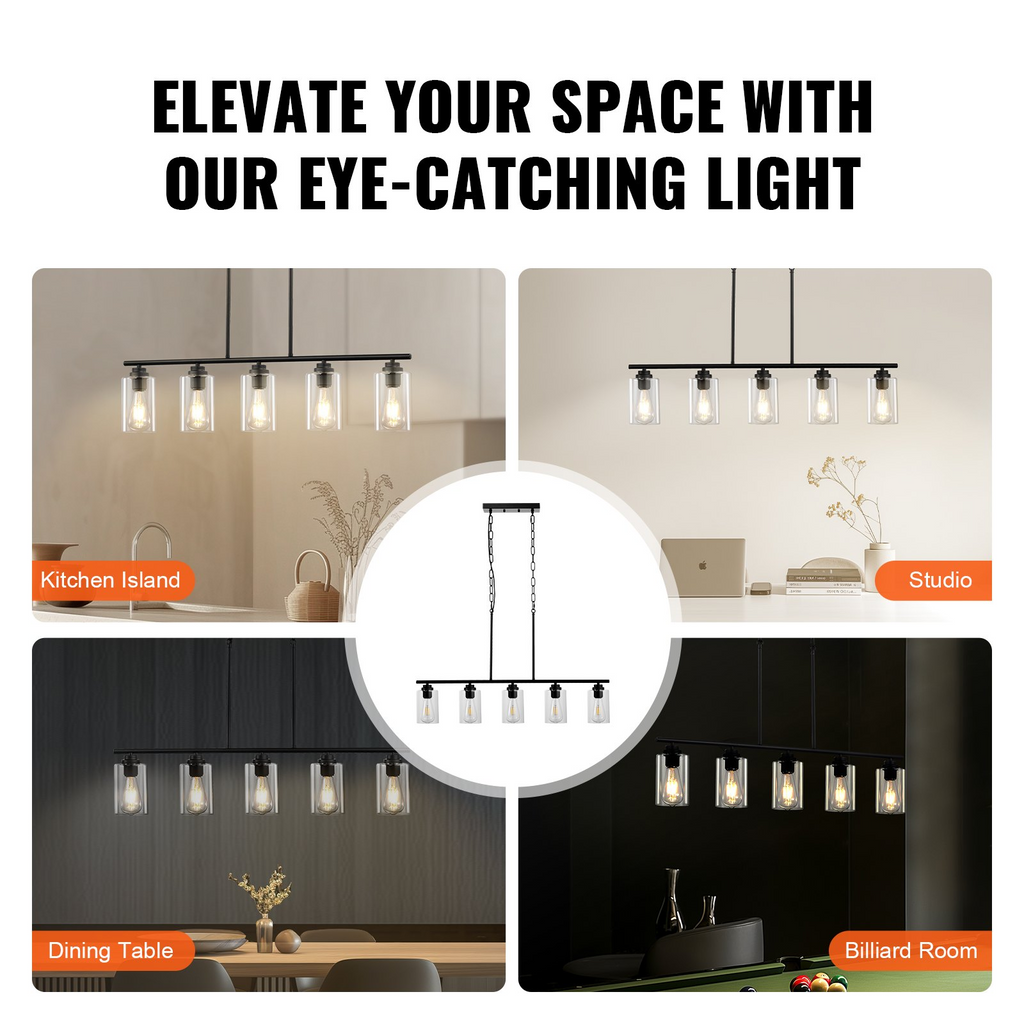 Lámpara colgante de 5 luces para cocina VEVOR 60 W ajustable para comedor E26