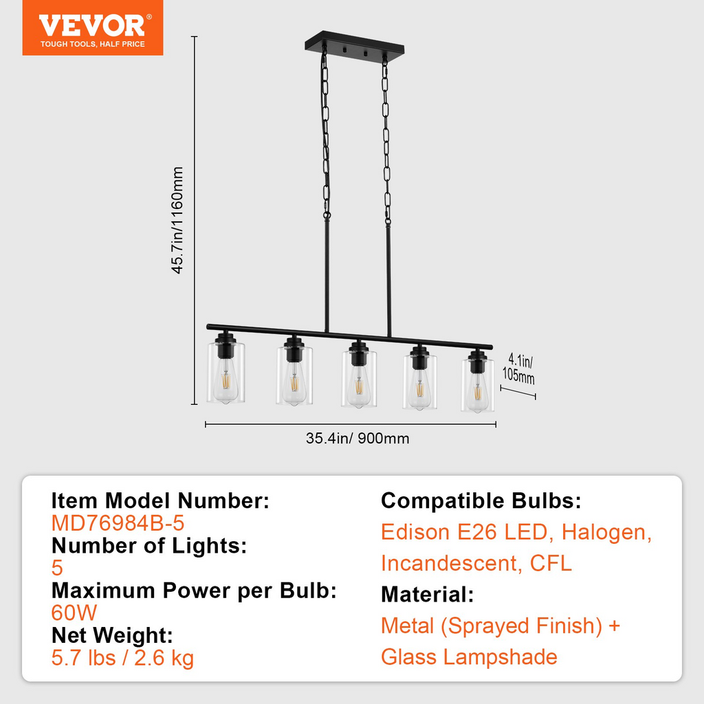 Lámpara colgante de 5 luces para cocina VEVOR 60 W ajustable para comedor E26