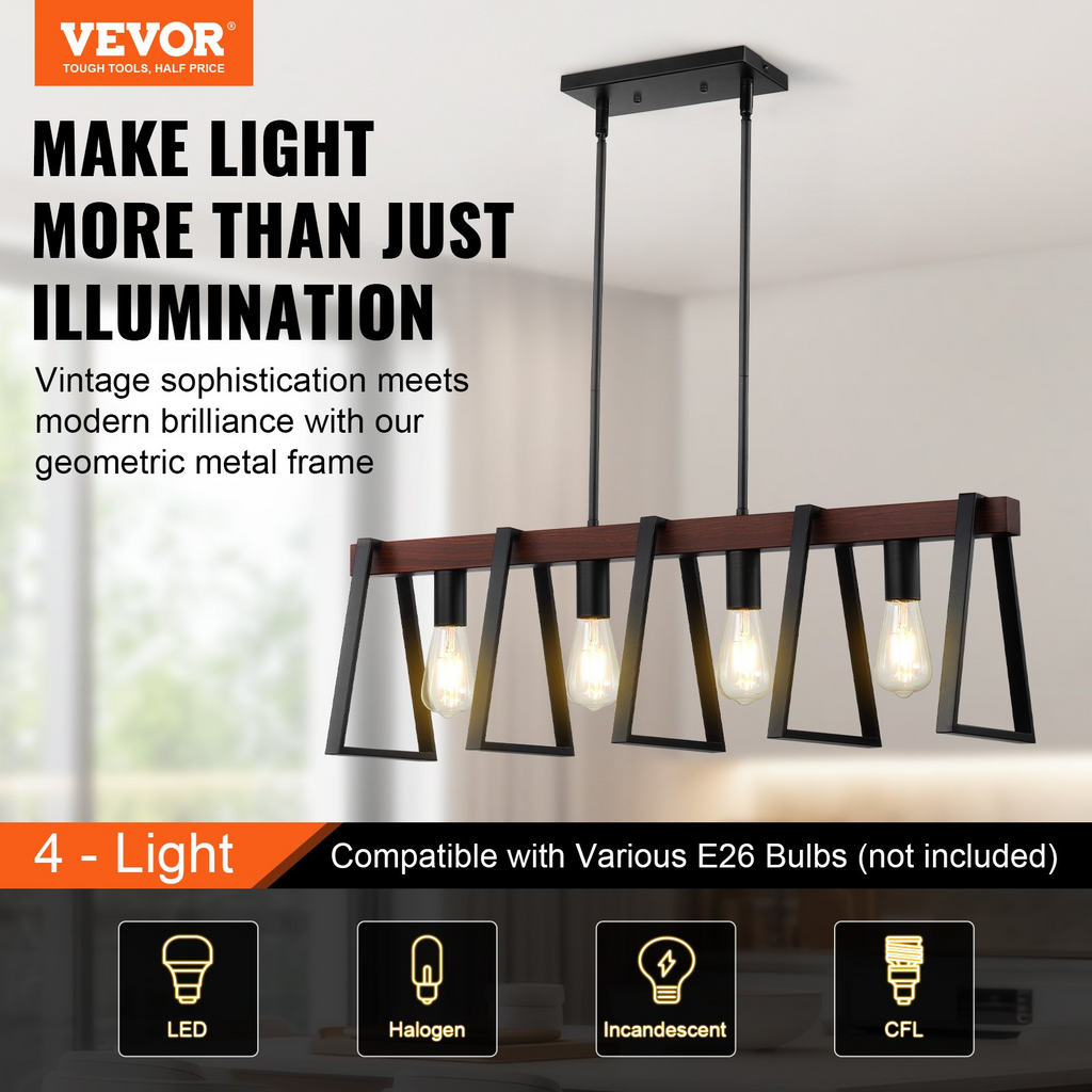 Lámpara colgante de 4 luces para cocina VEVOR 60 W ajustable E26