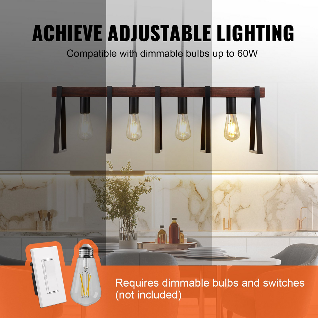 Lámpara colgante de 4 luces para cocina VEVOR 60 W ajustable E26