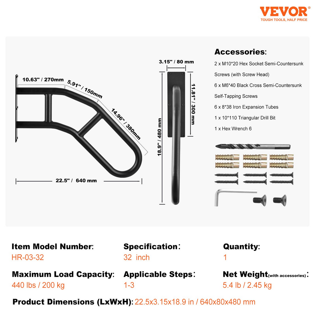 Pasamanos VEVOR para escaleras exteriores de seguridad de 32" para montaje en pared para 1-3 escalones