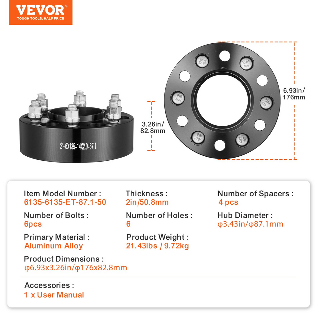 Espaciadores de rueda VEVOR de 2" 6" x 5,3" Adaptadores de rueda Espaciador forjado de 6 espárragos 4 piezas Negro