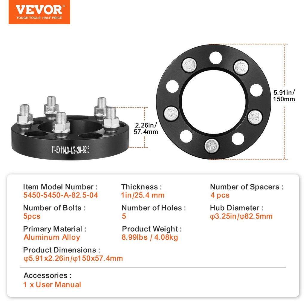 Espaciadores de rueda VEVOR de 1" 5" x 4,5" Adaptadores de rueda Espaciador forjado de 5 espárragos 4 piezas Negro