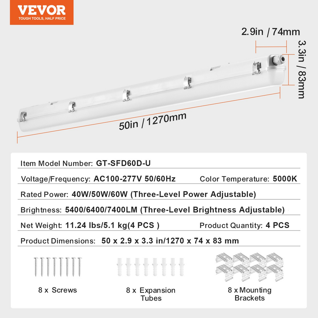 VEVOR 4 piezas de luz LED hermética de 4 pies 60 W/50 W/40 W seleccionable 5400/6400/7400 lm
