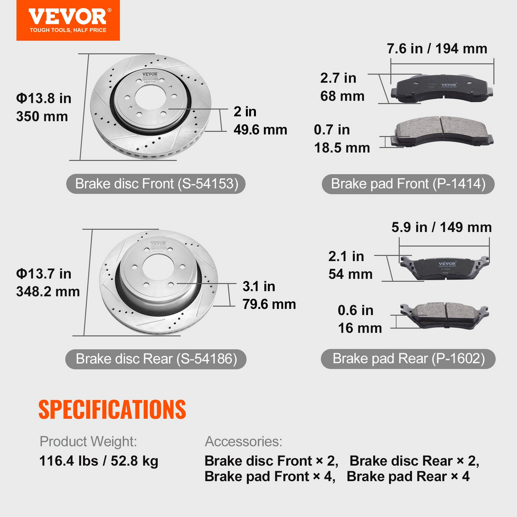 Kit de pastillas de freno delanteras y traseras ranuradas y perforadas VEVOR para Ford F-150 2012-2020