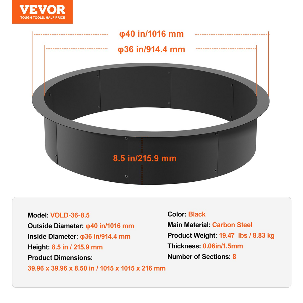 Anillo para fogata redondo de 40" de exterior y 36" de revestimiento interior de acero para fogatas caseras